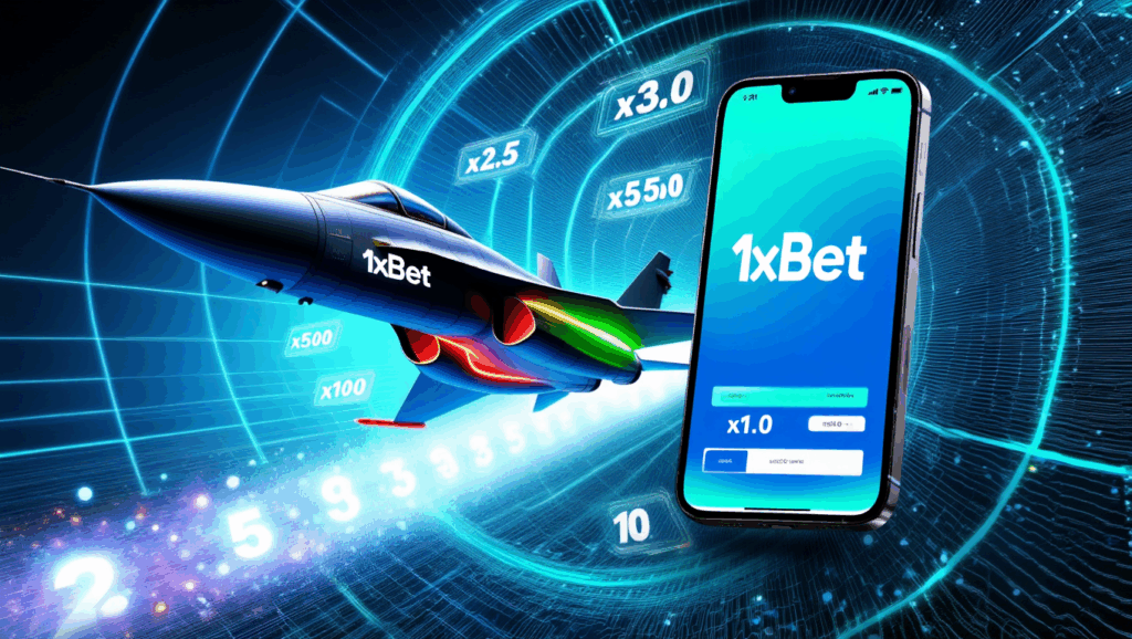 Jet inspiré de JetX à côté de l'interface de l'application mobile 1xBet