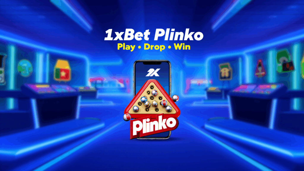 Plinko game displayed on phone in 1xBet promo with glowing arcade-style background