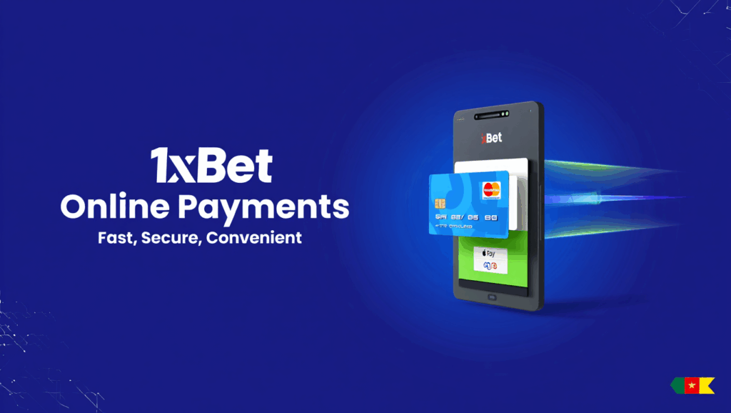 Digital payment concept for 1xBet Cameroon showing cards entering a mobile wallet