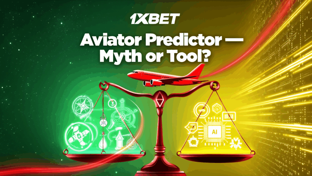 Bannière prédictive 1xBet Aviator avec avion rouge et échelle comparant les symboles mythiques