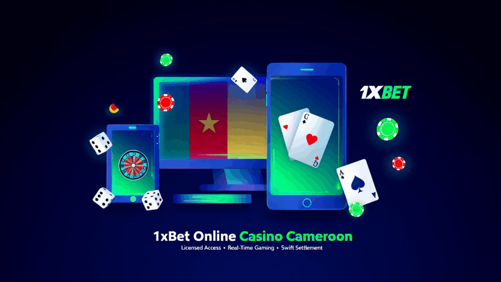 Casino en ligne 1xBet avec cartes, dés et écrans de jeu