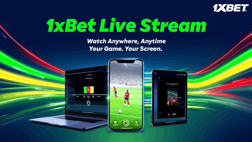 Images d'un match de football affichées sur un ordinateur portable, un smartphone et une tablette dans 1xBet Cameroun