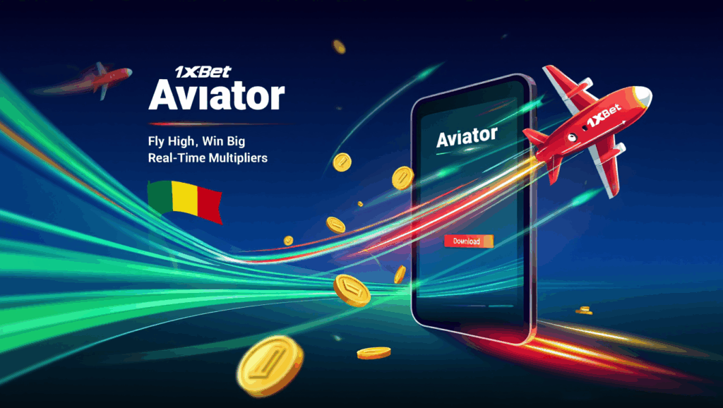 1xBet Cameroun Aviator avec avion rouge, pièces volantes et traînée multiplicatrice lumineuse